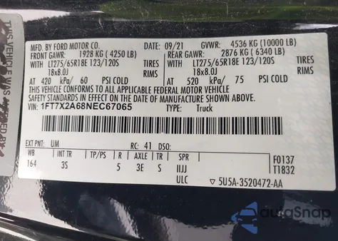 2022 Ford Super Duty F-250 Srw Xlt из США, поврежденный, VIN 1FT7X2A68NEC67065